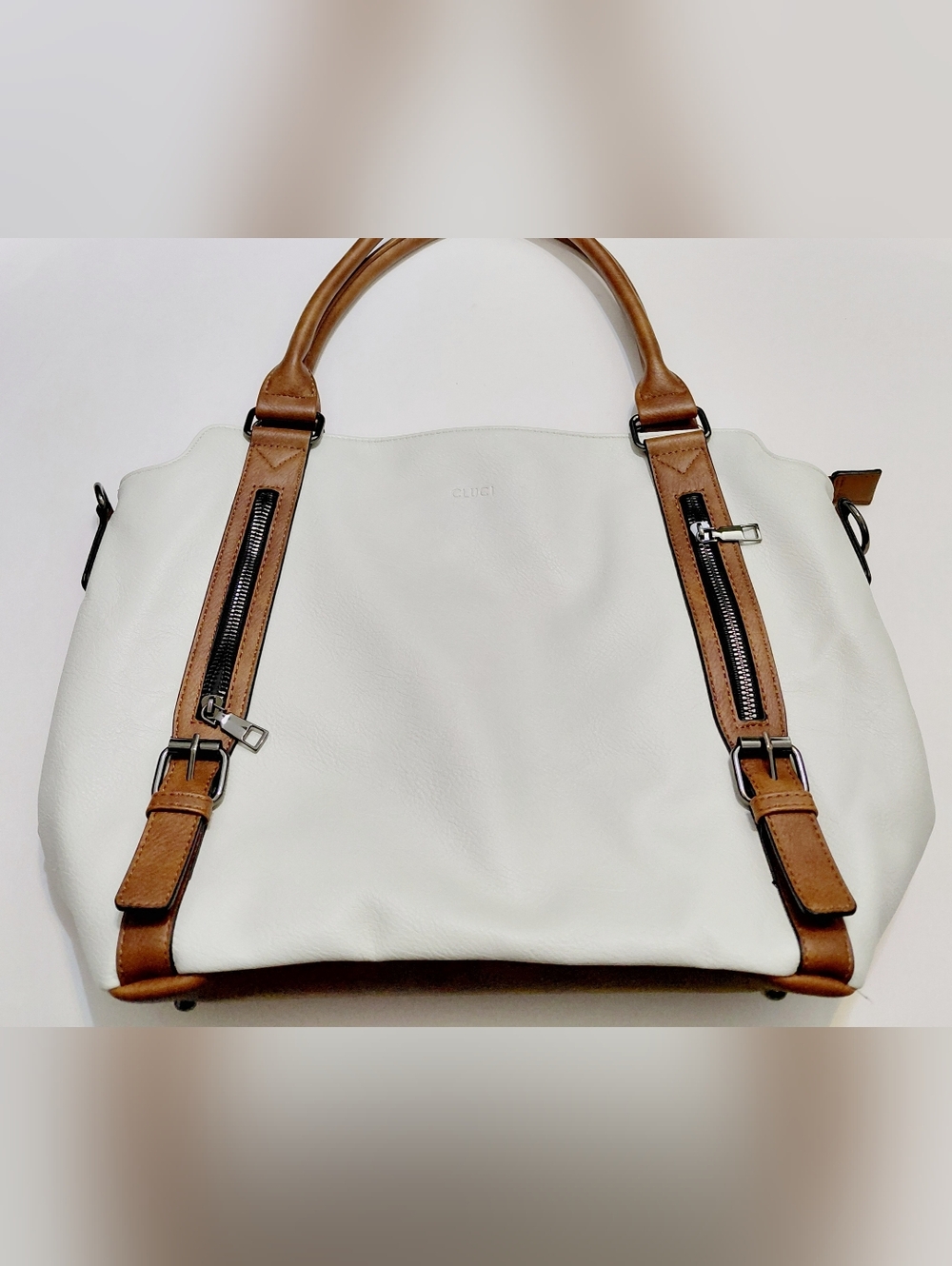 CLUCI Women’s Vegan Leather Cream Hobo Bag Large Tote with Brown Trim
